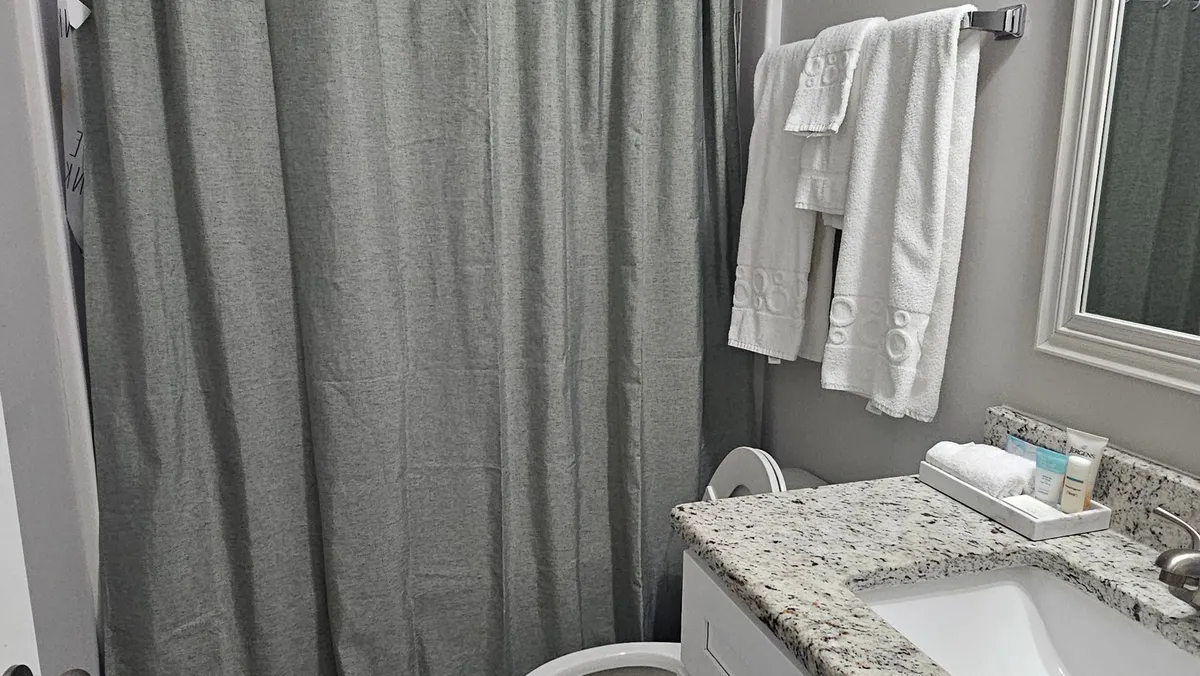 This image captures a modern bathroom featuring a granite countertop, a large mirror, a shower with a curtain, and neatly arranged towels. The space appears clean, bright, and inviting, offering a sense of refreshment and relaxation.